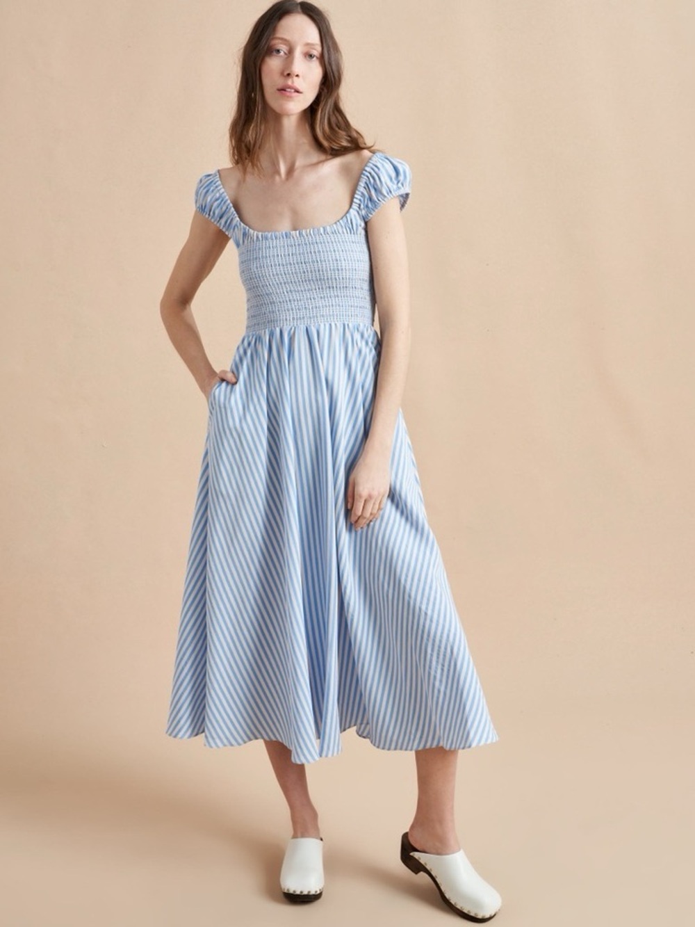 La Ligne Light Blue & White Striped Smocked Midi Dress